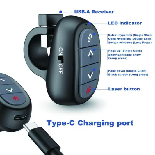 SMQ Finger Ring Wireless Presenter clicker Red Laser pointer USB & Type C Receiver with bag || مؤشر ليزر لاسلكي بلأصبع للعروض التقديمية (كانڤا وبوريوينت ) مستقبل USB ,Type C