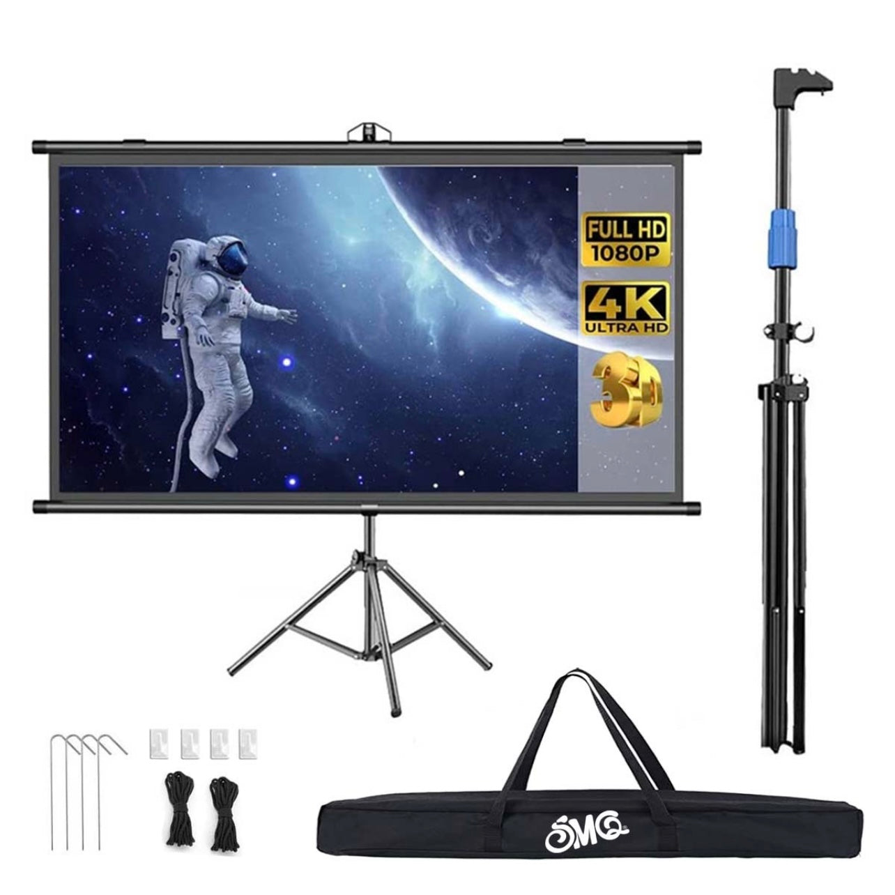 SMQ Pro ALR 2in1 Projector Screen Tripod (84 Inch) 171 CM * 128 CM + Portable Bag+Ropes and Hooks for fixing to the ground إس إم كيو شاشة عرض بروجكتور احترافية 2*1 مضادة للضوء مع ستاند (84 بوصة) 171 سم * 128 سم + شنطة تنقل+حبال وخطاف للتثبيت بالأرض