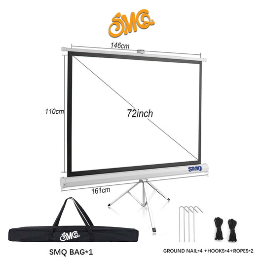 SMQ Projector Screen - Tripod - (72 Inch) 161 CM * 110 CM + Portable Bag || إس إم كيو شاشة عرض بروجكتور مع ستاند وحقيبه للتنقل والتخزين وحبال وخطاف للتثبيت بالأرض- 72 بوصة