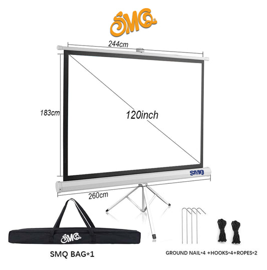 SMQ Projector Screen Tripod - (120 Inch) 260 CM * 183 CM + Portable Bag || إس إم كيو شاشة عرض بروجكتور مع ستاند وحقيبة للتنقل والتخزين وحبال وخطاف للتثبيت بلأرض- 120 بوصة