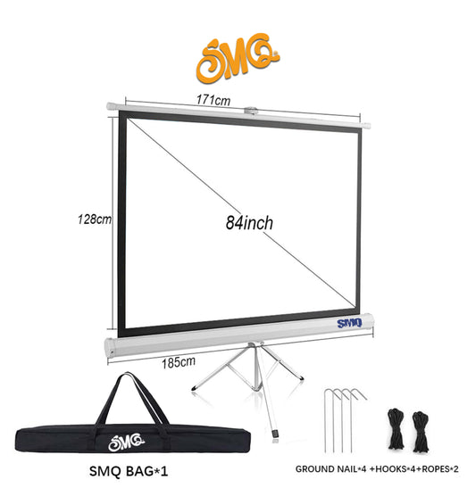 SMQ Projector Screen - Tripod - (84 Inch) 185 CM * 128 CM + Portable Bag || إس إم كيو شاشة عرض بروجكتور مع ستاند وحقيبة للتنقل والتخزين وحبال وخطاف للتثبيت بلأرض -84 بوصة