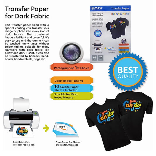 Maxi - T-Shirt Transfer Paper 190 gsm A4 5 Sheets - Dark || ورق طباعة تيشيرتات للخام الغامق عدد ٥ حبة