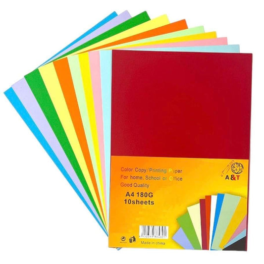 A&T Printing Paper 10 Colors 180 gsm A4 Size || ورق مقوى A4 ملون اي اند تي ١٠ لون حجم 