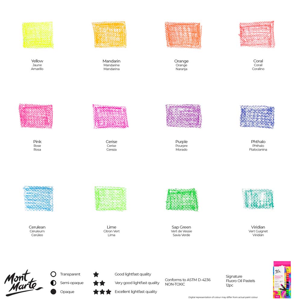 Mont Marte Fluoro Oil Pastels Signature 12pc || الوان باستيل زيتية فسفورية مونت مارت 12 لون شبه مضيئ