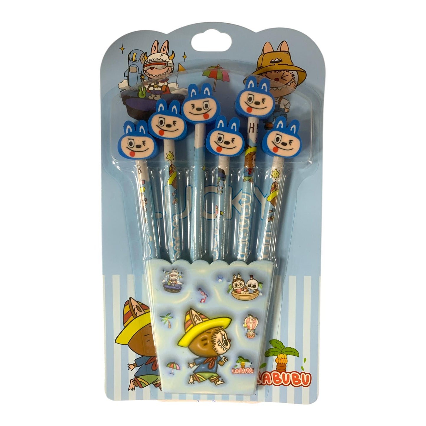 Labubu Pencil Set With Erasers Blue Color || مجموعة اقلام رصاص مع محاية لابوبو لون ازرق