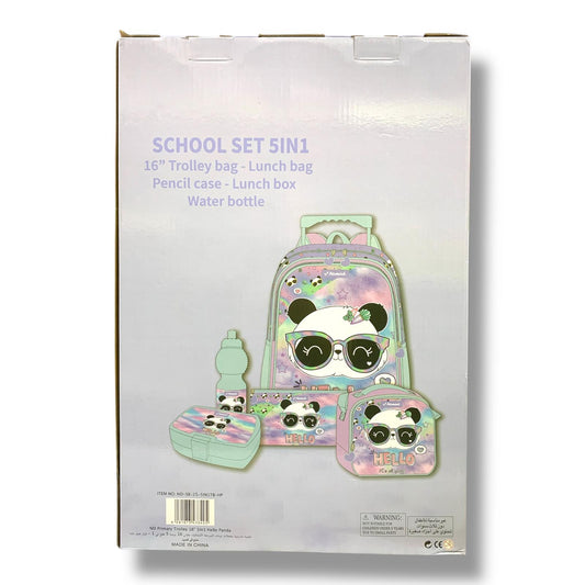 Panda 5 in 1 School Set 16" Trolley Bag Lunch Bag Pencil Case Lunch Box Water Bottle || بوكس العودة للمدرسة 5 قطع جنطة ترولي شنطة اكل مقلمة لانش بوكس مطارة ماء شكل باندا