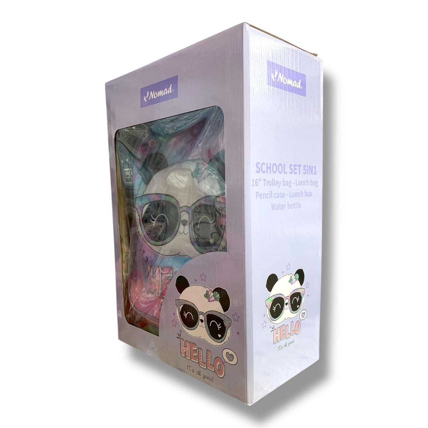 Panda 5 in 1 School Set 16" Trolley Bag Lunch Bag Pencil Case Lunch Box Water Bottle || بوكس العودة للمدرسة 5 قطع جنطة ترولي شنطة اكل مقلمة لانش بوكس مطارة ماء شكل باندا