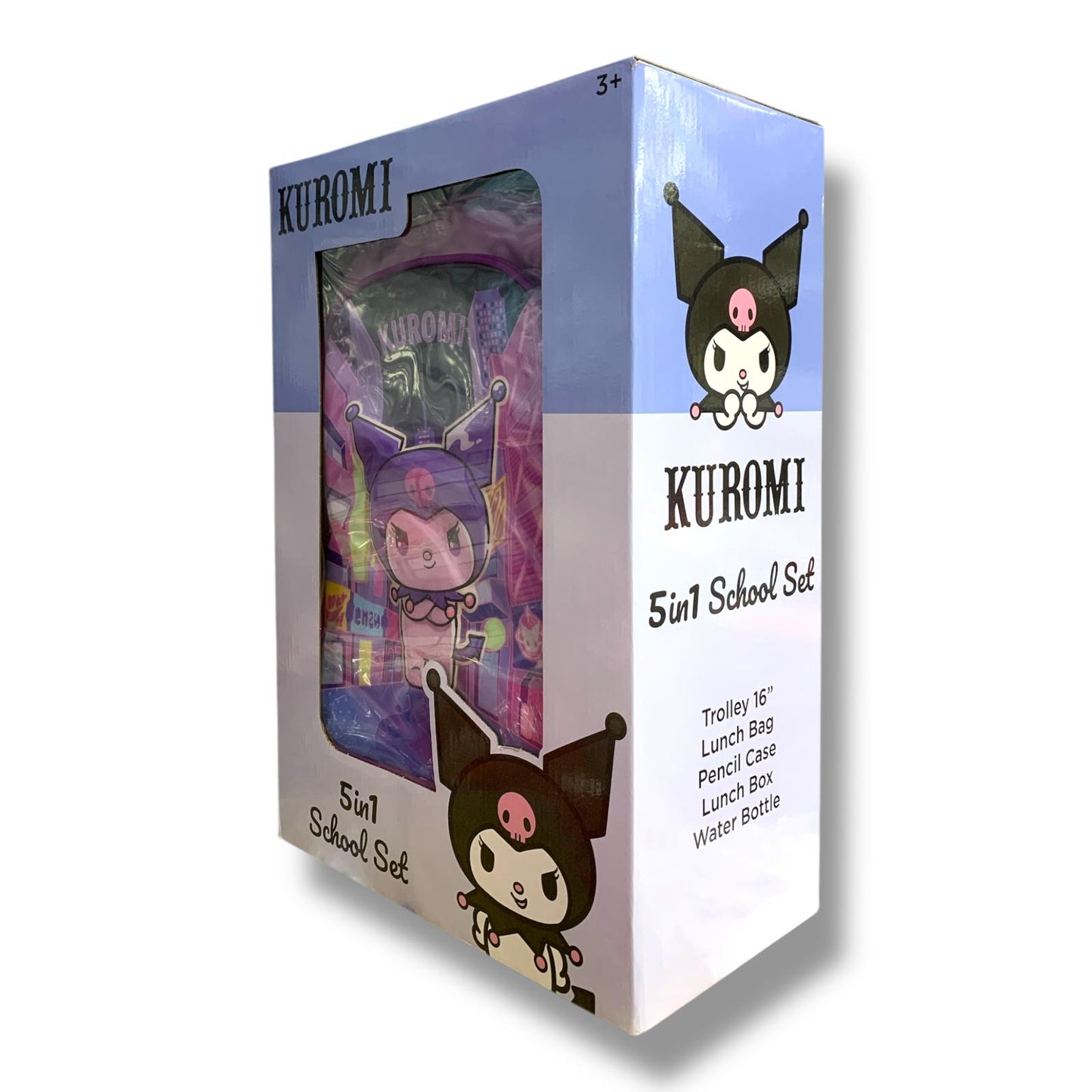 Kuromi 5 in 1 School Set 16" Trolley Bag Lunch Bag Pencil Case Lunch Box Water Bottle || بوكس العودة للمدرسة 5 قطع جنطة ترولي شنطة اكل مقلمة لانش بوكس مطارة ماء كورومي