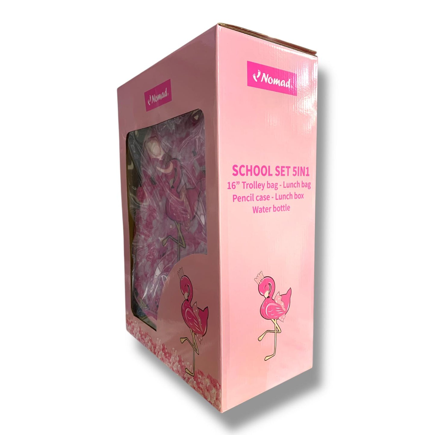 Flamingo 5 in 1 School Set 16" Trolley Bag Lunch Bag Pencil Case Lunch Box Water Bottle || بوكس العودة للمدرسة 5 قطع جنطة ترولي شنطة اكل مقلمة لانش بوكس مطارة ماء فلامنجو