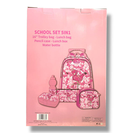Flamingo 5 in 1 School Set 16" Trolley Bag Lunch Bag Pencil Case Lunch Box Water Bottle || بوكس العودة للمدرسة 5 قطع جنطة ترولي شنطة اكل مقلمة لانش بوكس مطارة ماء فلامنجو