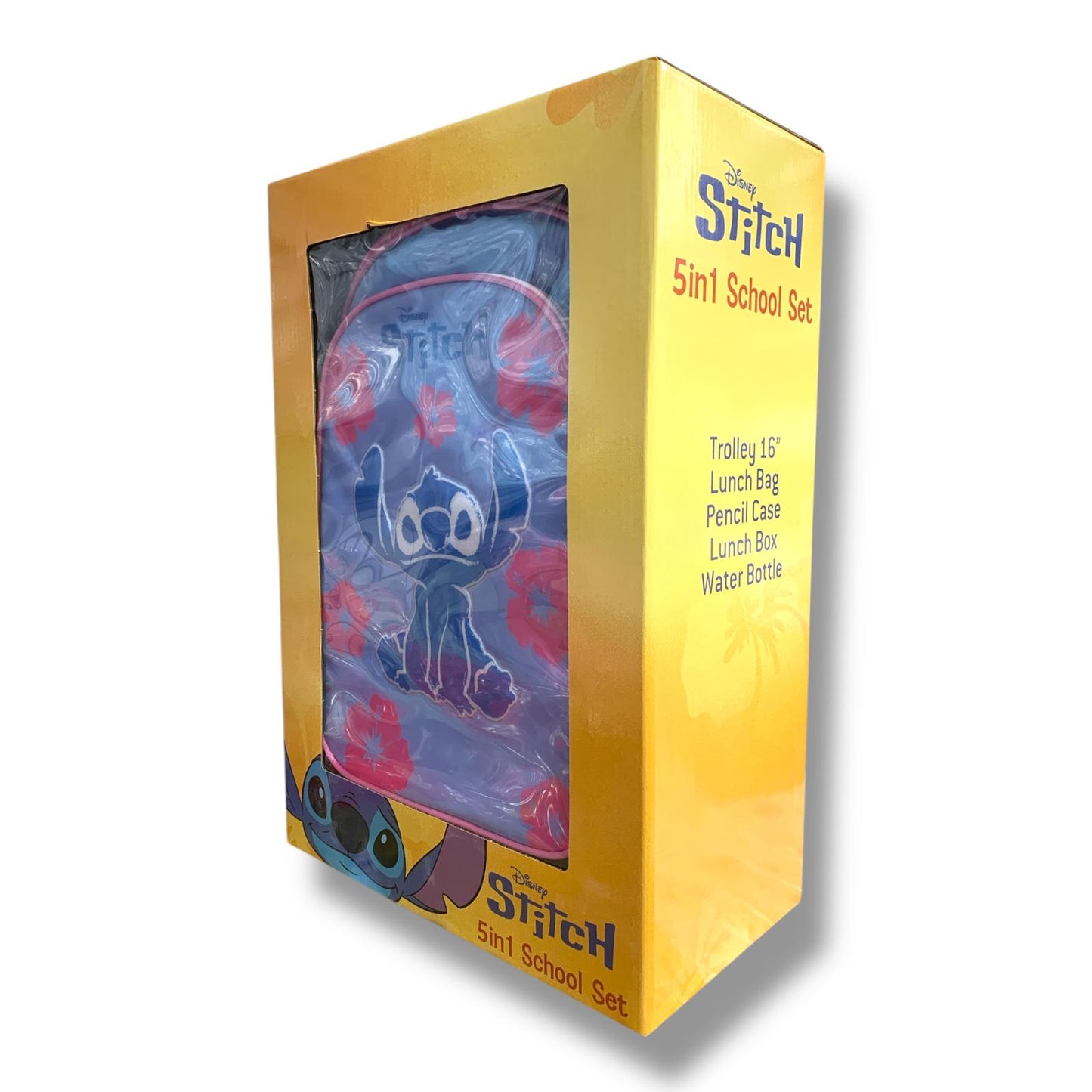 Stitch 5 in 1 School Set 16" Trolley Bag Lunch Bag Pencil Case Lunch Box Water Bottle || بوكس العودة للمدرسة 5 قطع جنطة ترولي شنطة اكل مقلمة لانش بوكس مطارة ماء ستيتش