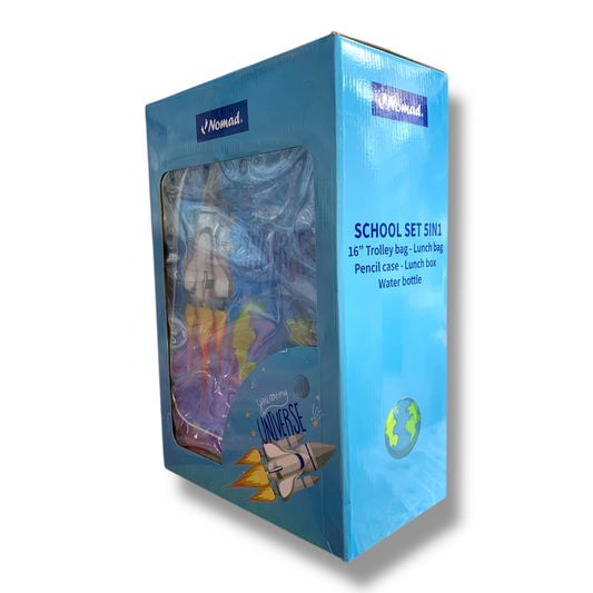 Spaceship 5 in 1 School Set 16" Trolley Bag Lunch Bag Pencil Case Lunch Box Water Bottle || بوكس العودة للمدرسة 5 قطع جنطة ترولي شنطة اكل مقلمة لانش بوكس مطارة ماء السفينة الفضائية