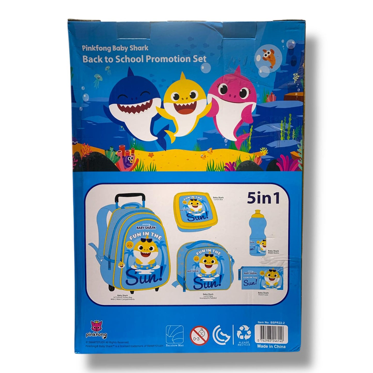Baby Shark 5 in 1 School Set 18" Trolley Bag Lunch Bag Pencil Case Lunch Box Water Bottle || بوكس العودة للمدرسة 5 قطع جنطة ترولي كبيرة 18 انش شنطة اكل مقلمة لانش بوكس مطارة ماء بيبي شارك