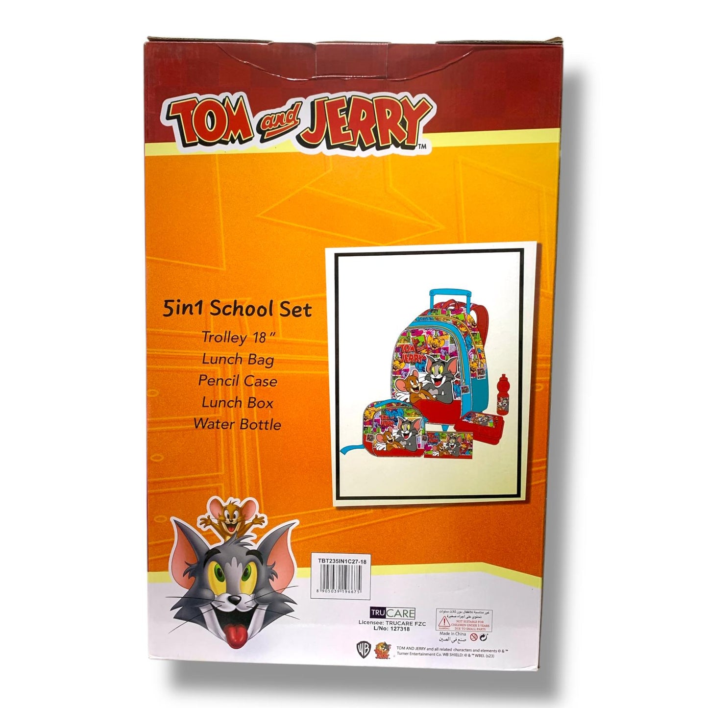 Tom And Jerry 5 in 1 School Set 18" Trolley Bag Lunch Bag Pencil Case Lunch Box Water Bottle || بوكس العودة للمدرسة 5 قطع جنطة ترولي كبيرة 18 انش شنطة اكل مقلمة لانش بوكس مطارة ماء توم و جيري