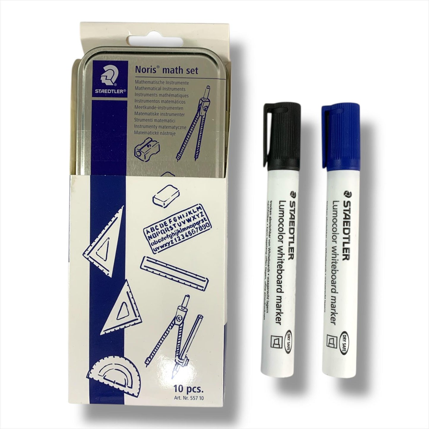 Staedtler Math Set + 2 Whiteboard Markers || علبة هندسة ستدلر مع اقلام سبوره ماسحة