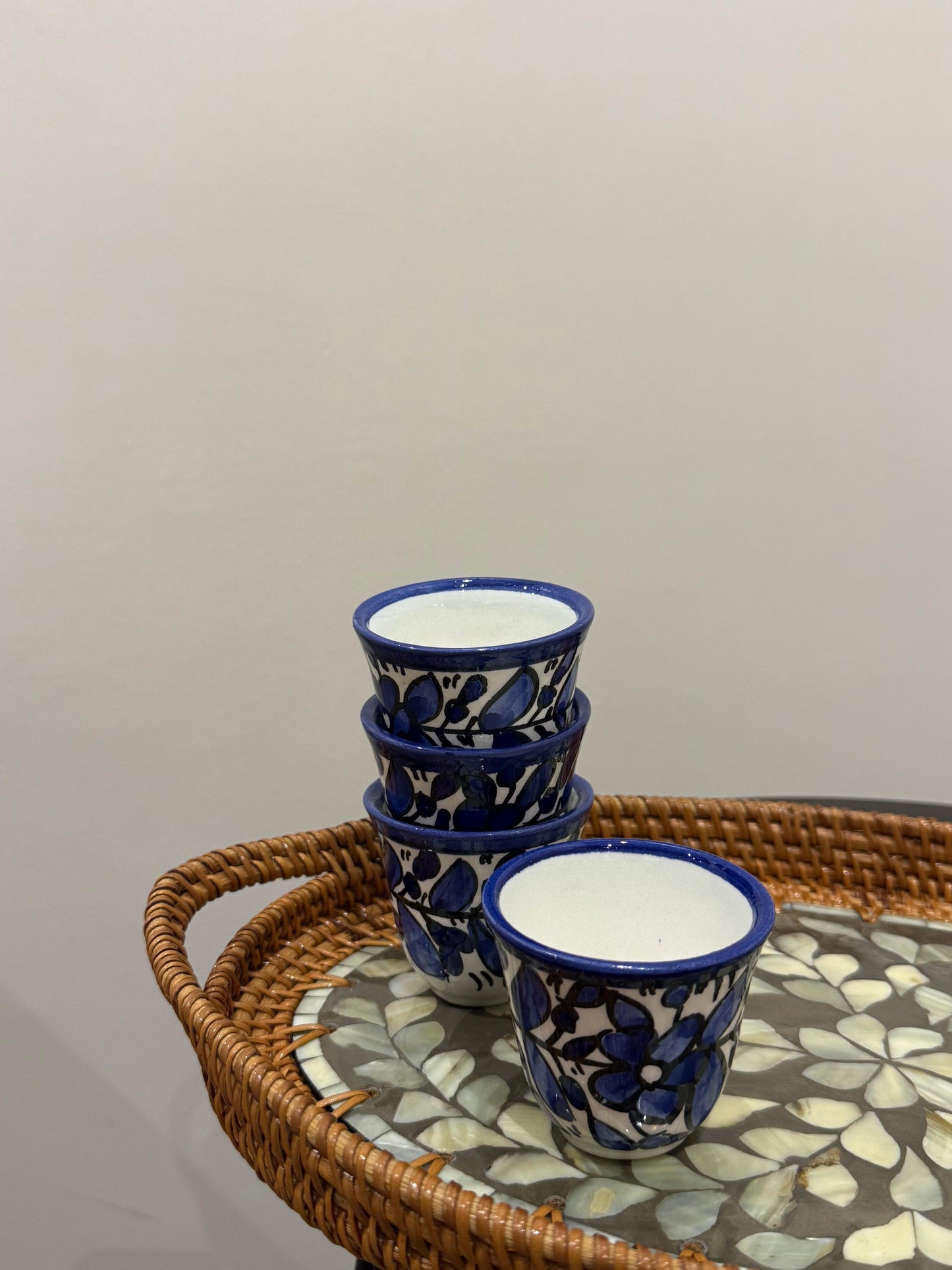 Arabesque Hand Painted Artisinal Finjan Khalil Design 12 Pcs || فناجين الخزف الخليلي المصممه يدويا بنقش ازرق عدد 12 فناجين