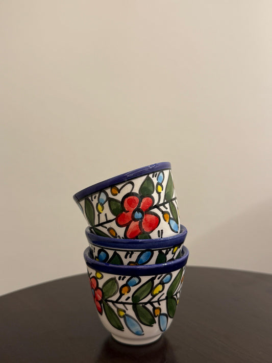 Arabesque Hand Painted Artisinal Finjan Khalil Colored Design 6 Pcs || فناجين الخزف الخليلي المصممه يدويا بنقش ملون عدد 6 فناجين