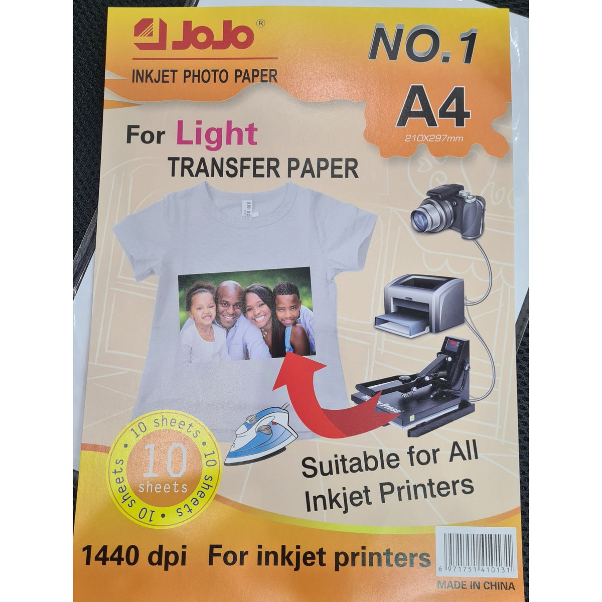 Jojo Inkjet Photo Paper For Light Fabric Transfer Paper A4 Size 10 Pack || ورق جوجو تيشيرتات خام فاتح ١٠ ورقه حجم اي فور
