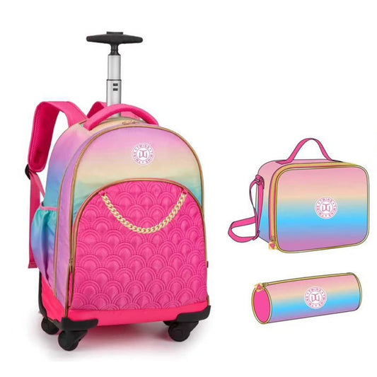 Twins Back To School Set 3 Pcs Trolley Backpack + Lunch bag + Pencil Pouch Pink || مجموعة العودة للمدرسة 3 قطع جنطة سحب 4 تواير و جنطة اكل و مقلمة وردي