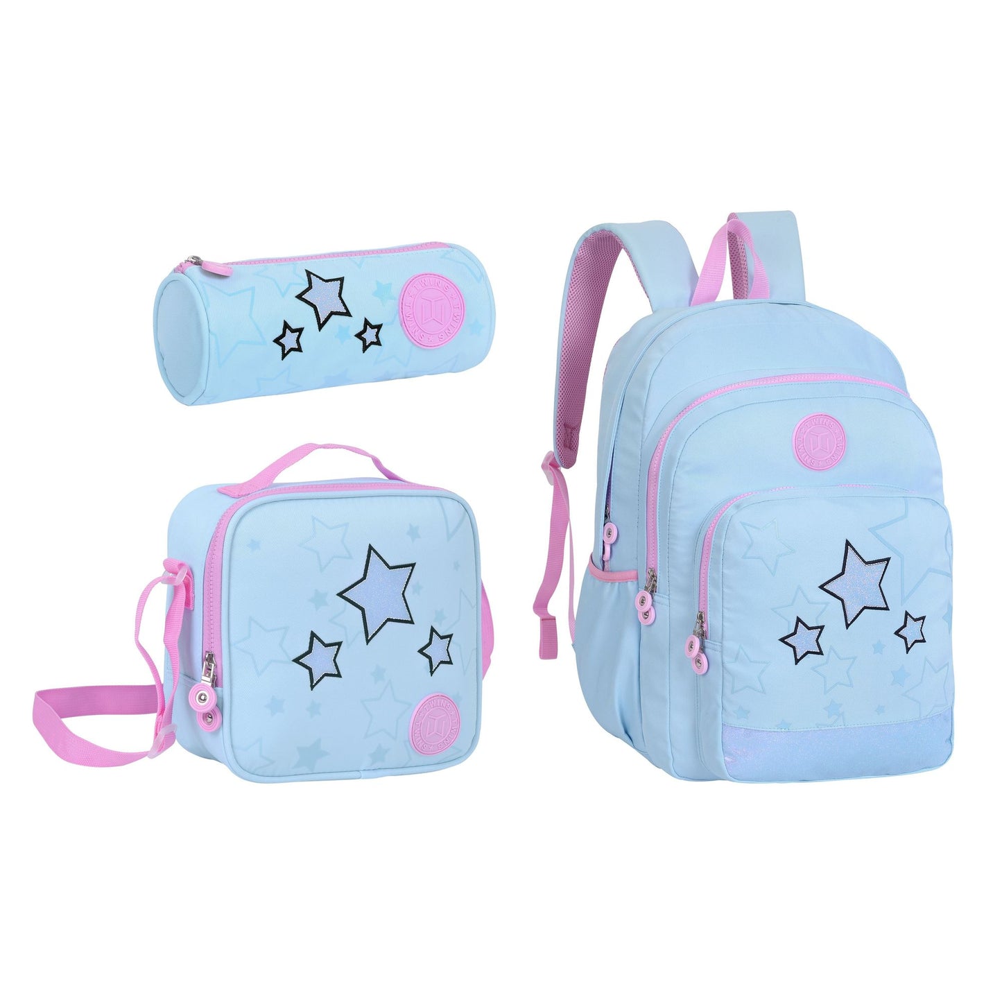 18INCH BACKPACK+LUNCH BAG+PENCIL CASE LIGHT BLUE TWINS || شنطة ظهر طبي 18 انش الوان فواتح 3 قطع TWINS