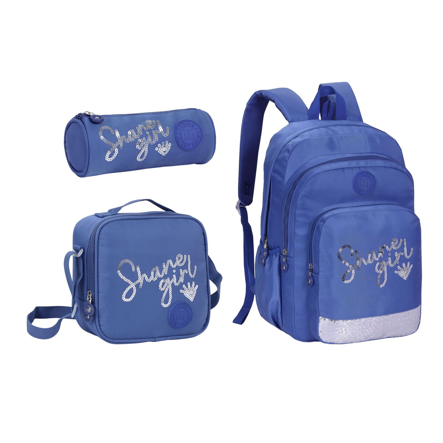 18INCH BACKPACK+LUNCH BAG+PENCIL CASE WRITTING DARK BLUE TWINS || شنطة ظهر طبي 18 انش عبارات 3 قطع TWINS