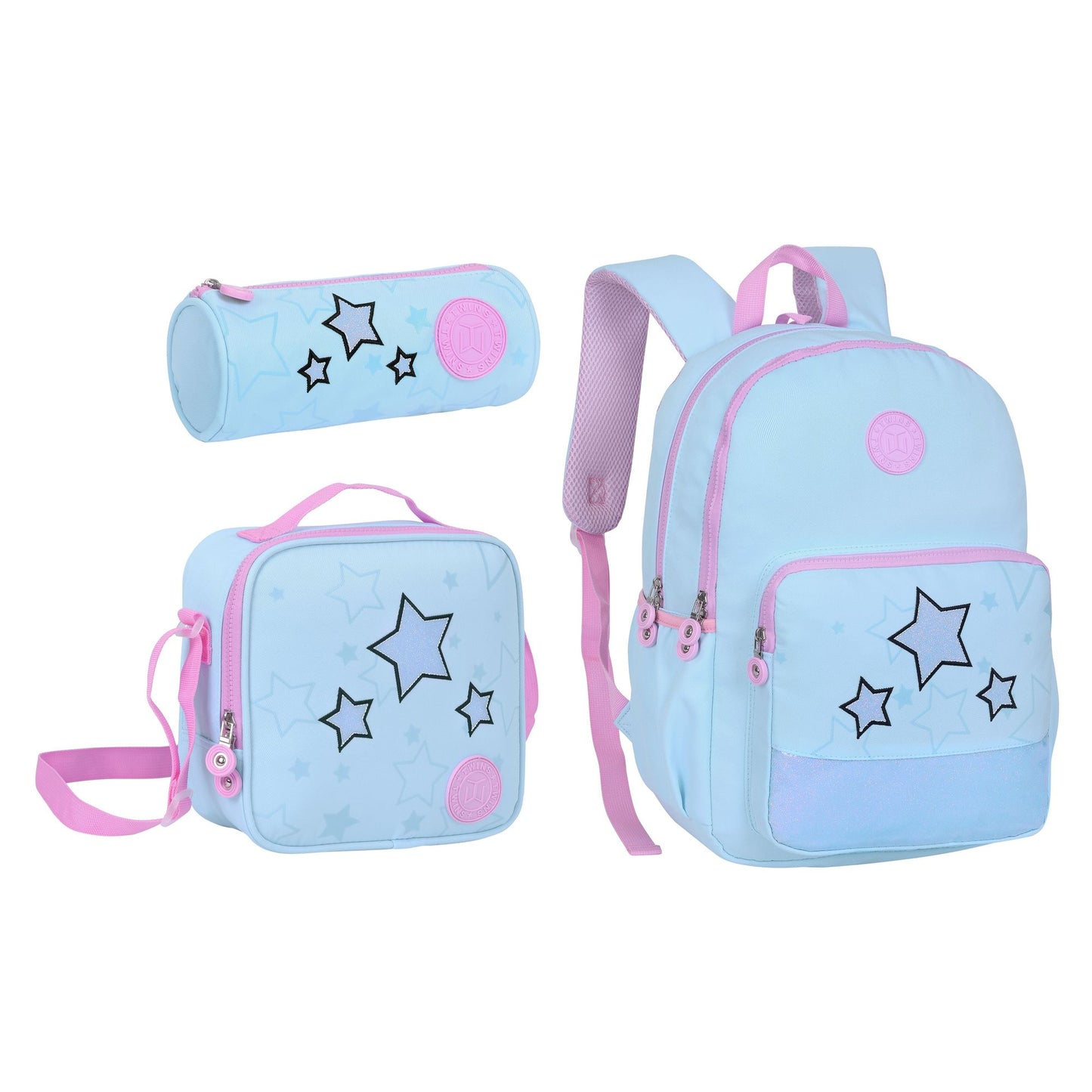17INCH BACKPACK+LUNCH BAG+PENCIL CASE LIGHT BLUE TWINS || شنطة ظهر طبي 17 انش الوان فواتح 3 قطع TWINS