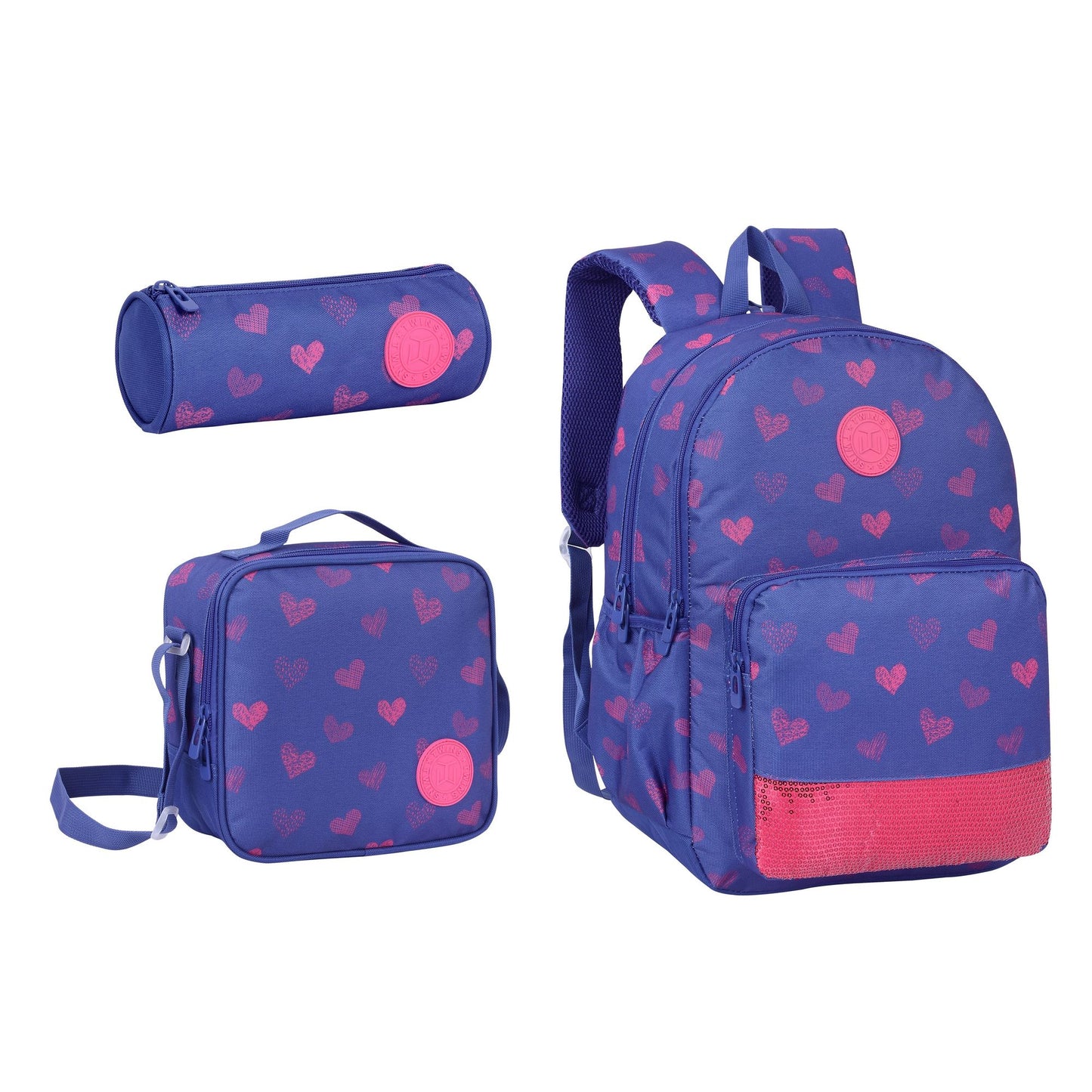 17INCH BACKPACK+LUNCH BAG+PENCIL CASE HEARTS BLUE TWINS || شنطة ظهر طبي 17 انش قلوب 3 قطع TWINS