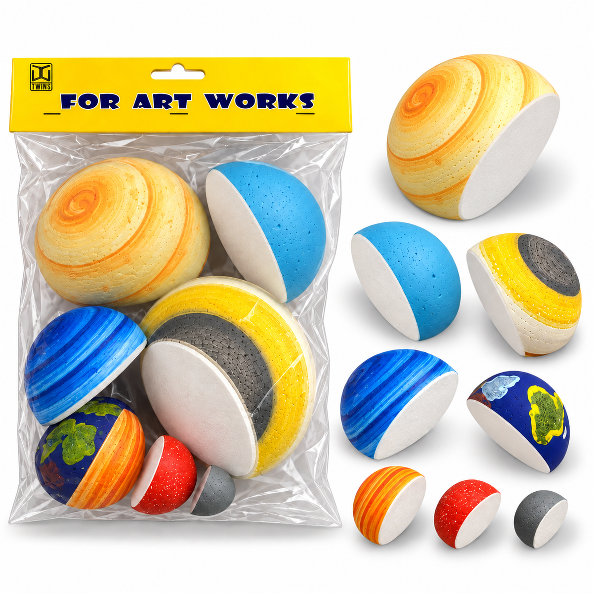 Twins Painted Foam Hemisphere Craft Set – 8 Pieces || توينز طقم أنصاف كرات فوم ملونة للأعمال الفنية – 8 قطع