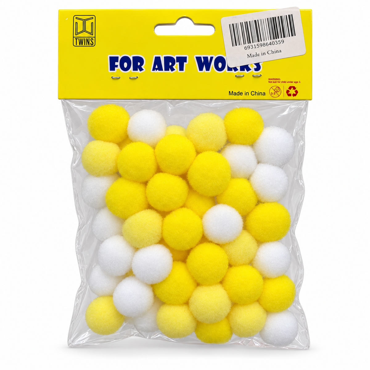 Twins Pom Poms Yellow & White Mini || كرات بوم بوم أصفر وأبيض صغيرة توينز