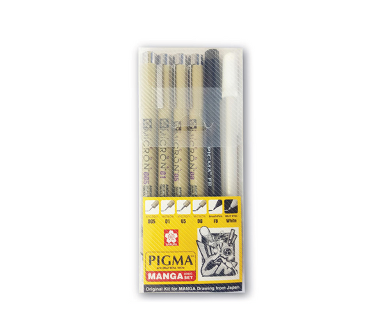 Sakura Pigma Micron Pen Manga Basic Set || مجموعة اقلا م مايكرون ساكورا 4 درجات و قلم جلي رول و قلم فرشاة اسود