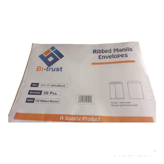 Bi Trust Plain Ribbed Manilla Envelopes Brown Color 16*12 50 pc Pack || اظرف سادة لون بني مقاس ١٦*١٢ انش باكيت ٥٠ حبة