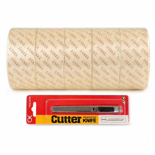 A&T Offer Tape Pack 5 Pcs + Cutter || مجموعة قرطاسية اطلس باكيت تيب 5 قطعة مع كتر