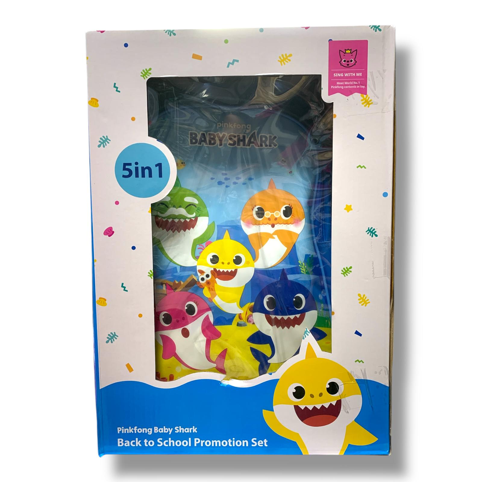 Baby Shark 5 in 1 School Set 18" Trolley Bag Lunch Bag Pencil Case Lunch Box Water Bottle  || بوكس العودة للمدرسة 5 قطع جنطة ترولي كبيرة 18 انش شنطة اكل مقلمة لانش بوكس مطارة ماء بيبي شارك