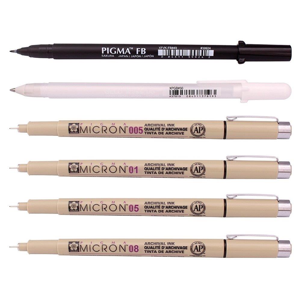 Sakura Pigma Micron Pen Manga Basic Set ||  مجموعة اقلا م مايكرون ساكورا 4 درجات و قلم جلي رول و قلم فرشاة اسود