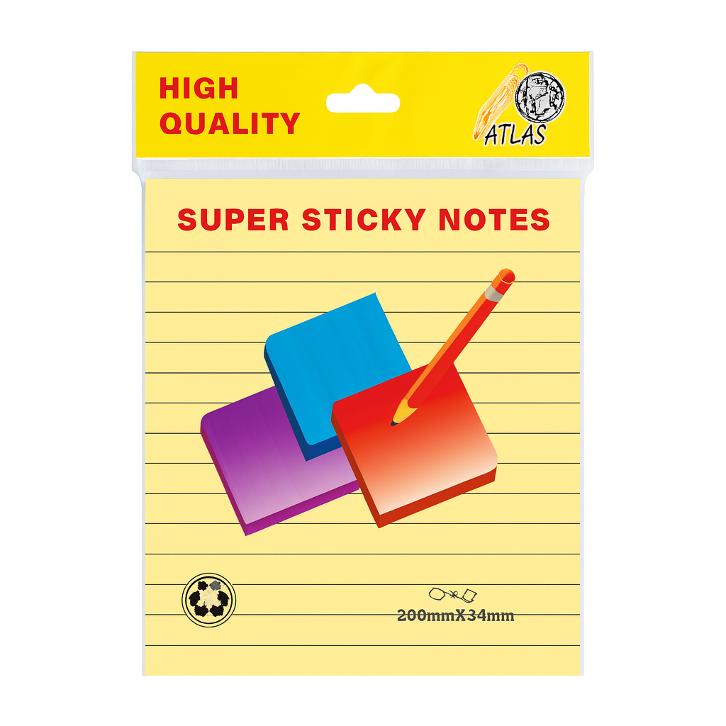 A&T Yellow Lined Super Sticky Notes 200 x 234 || ورق ملاحظات ستيكي نوت اي اند تي لون اصفر 200*234