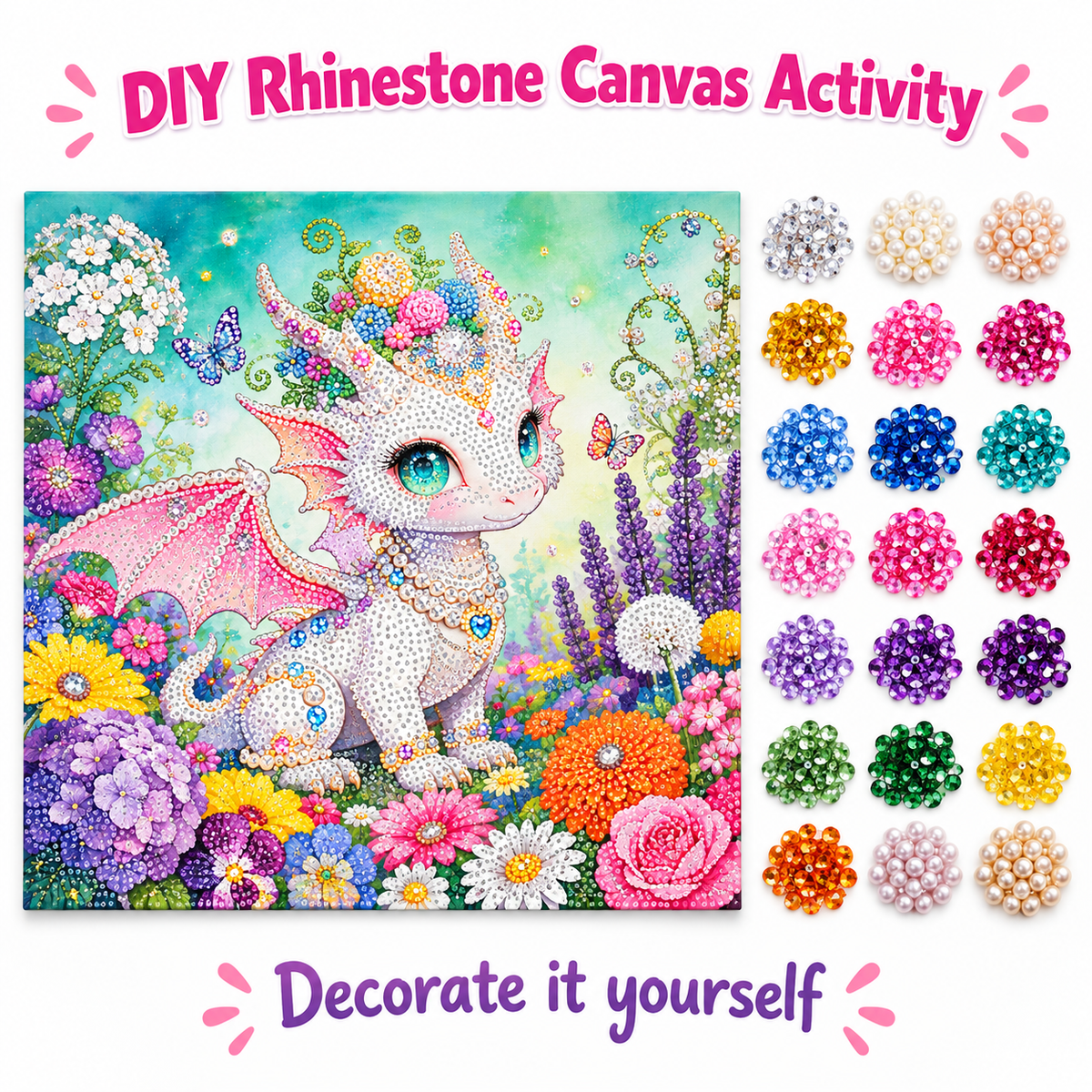 DIY Rhinestone Canvas Activity 30 x 30 cm - Flower Dragon || نشاط تزيين كانفاس بالأحجار اللامعة 30 × 30 سم - تنين الزهور