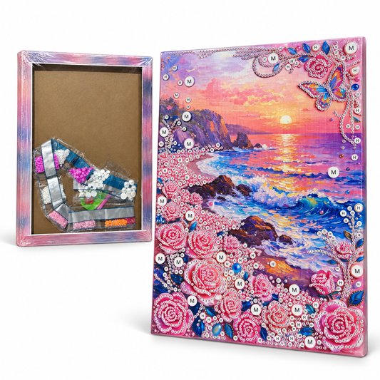 DIY Rhinestone Canvas Activity 30 x 40 cm - Rose Coast Sunset || نشاط تزيين كانفاس بالأحجار اللامعة 30 × 40 سم - غروب ساحلي مع ورود
