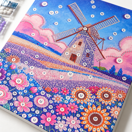 DIY Rhinestone Canvas Activity 30 x 40 cm - Windmill Flower Fields || تزيين كانفاس بالكريستال 30 × 40 سم - طاحونة وحقول زهور