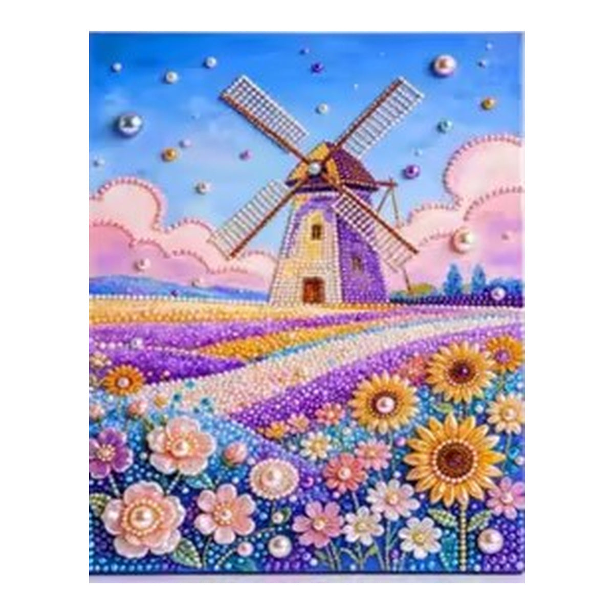 DIY Rhinestone Canvas Activity 30 x 40 cm - Windmill Flower Fields || نشاط تزيين كانفاس بالأحجار اللامعة 30 × 40 سم - طاحونة وحقول زهور - Completed design example