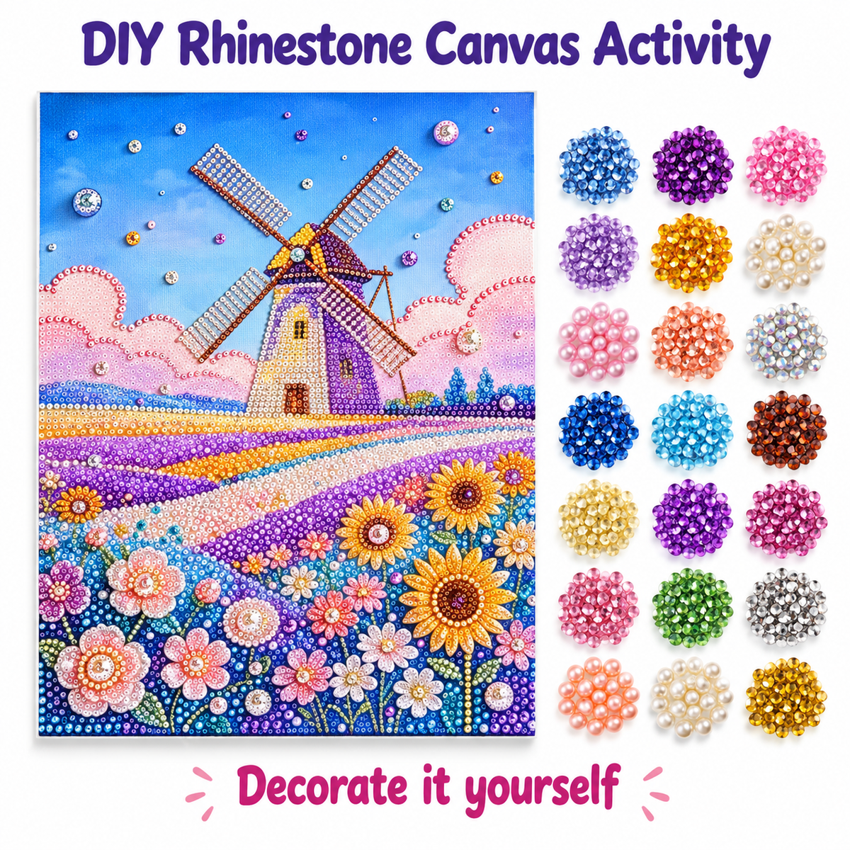DIY Rhinestone Canvas Activity 30 x 40 cm - Windmill Flower Fields || نشاط تزيين كانفاس بالأحجار اللامعة 30 × 40 سم - طاحونة وحقول زهور