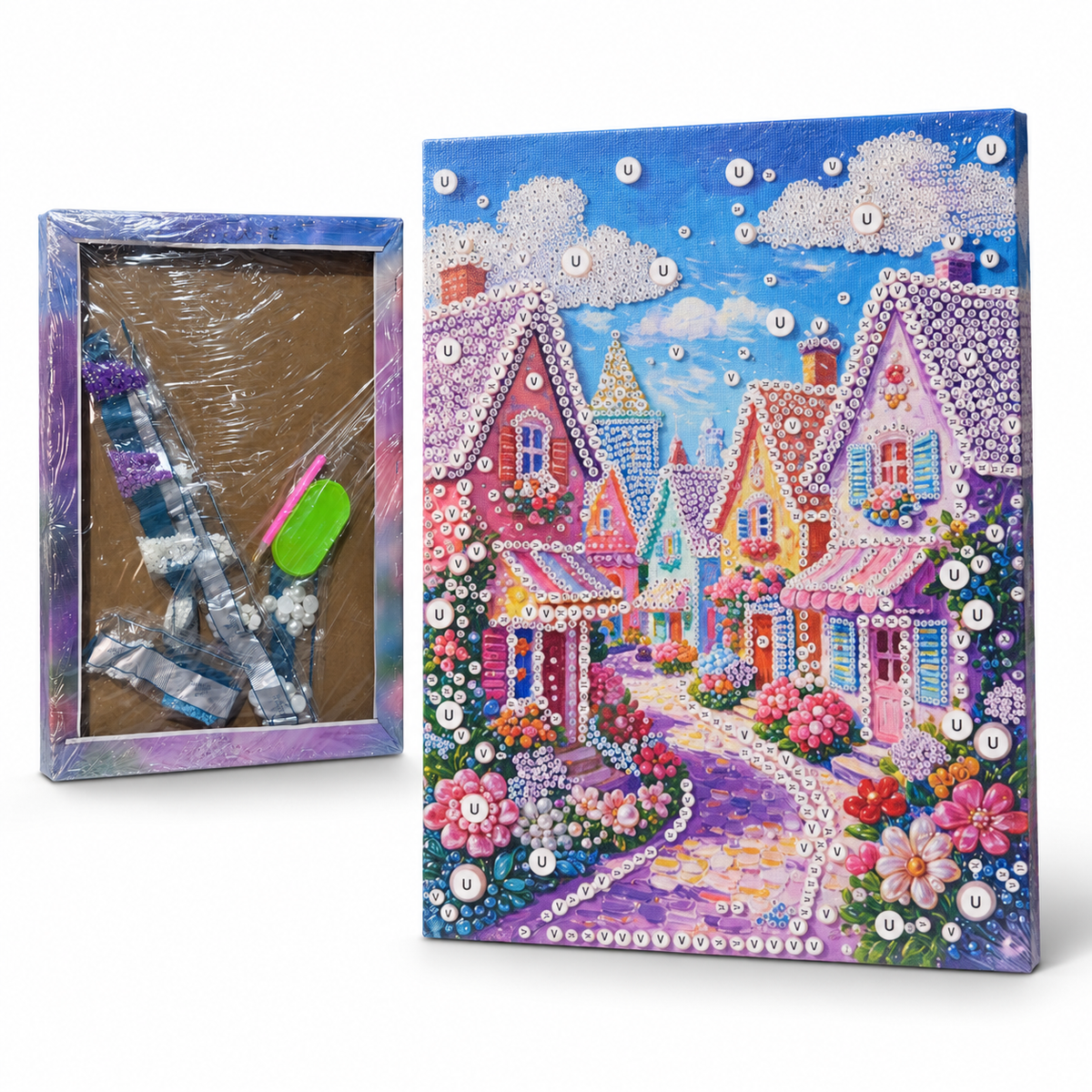 DIY Rhinestone Canvas Activity 30 x 40 cm - Colourful Village || نشاط تزيين كانفاس بالأحجار اللامعة 30 × 40 سم - قرية ملونة