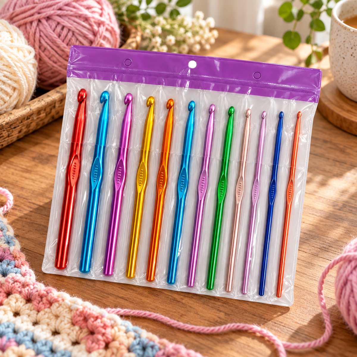 12-Piece Colorful Crochet Hook Set with yarn || طقم إبر كروشيه ملونة 12 قطعة مع خيوط