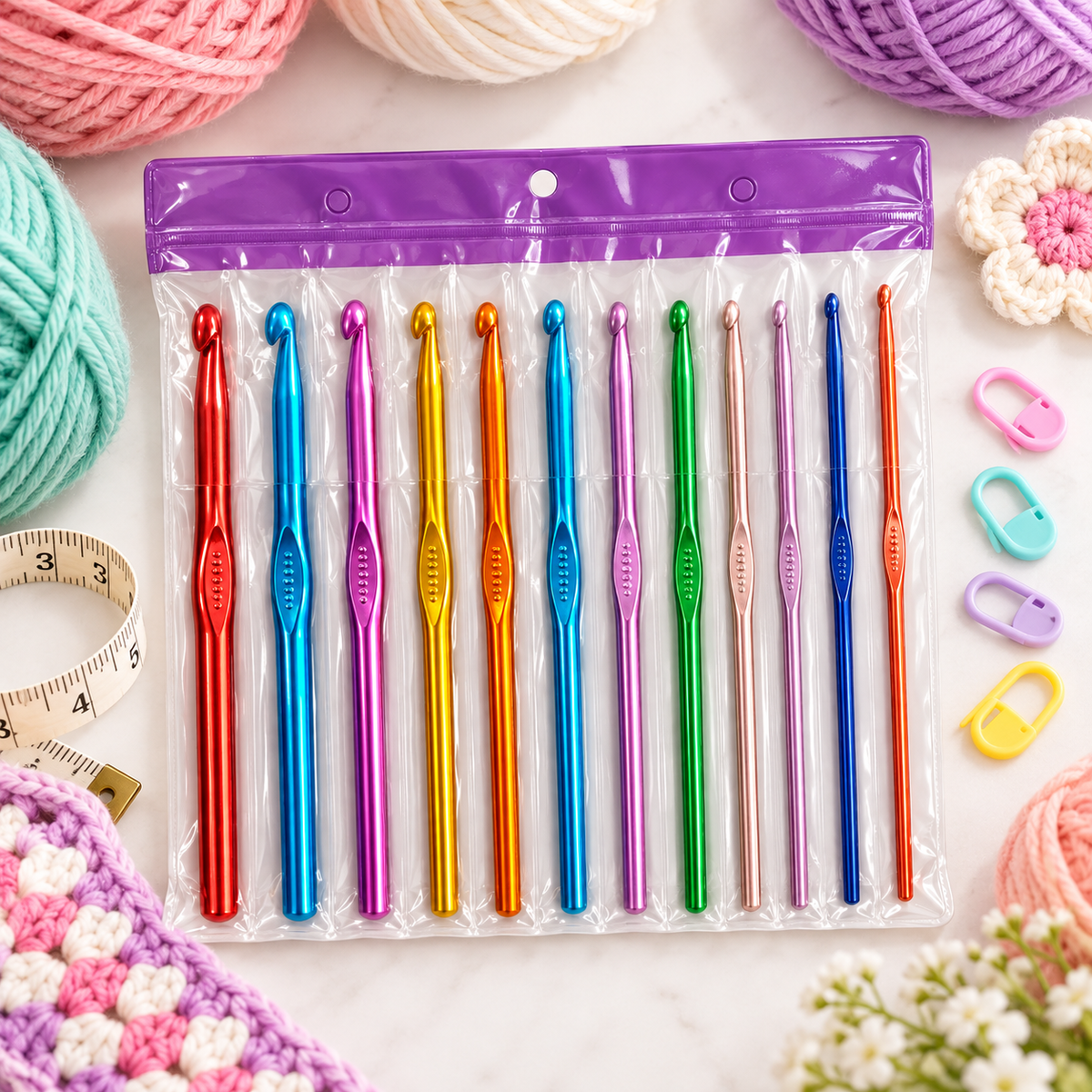 12-Piece Colorful Crochet Hook Set flat lay || طقم إبر كروشيه ملونة 12 قطعة
