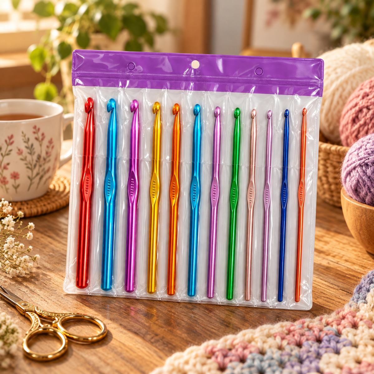 12-Piece Colorful Crochet Hook Set in a crochet workspace || طقم إبر كروشيه ملونة 12 قطعة في مساحة عمل للكروشيه