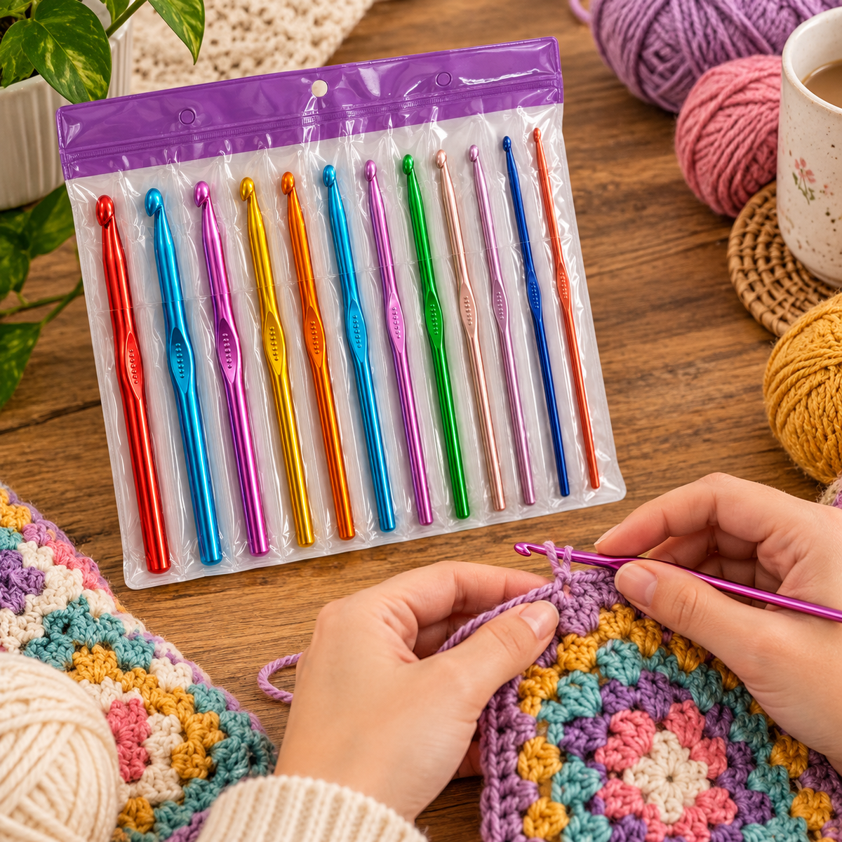 12-Piece Colorful Crochet Hook Set in use || طقم إبر كروشيه ملونة 12 قطعة أثناء الاستخدام