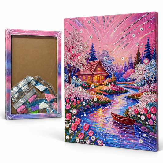 DIY Rhinestone Canvas Activity 30 x 40 cm - Pink Sunset Cottage || نشاط تزيين كانفاس بالأحجار اللامعة 30 × 40 سم - كوخ عند غروب وردي