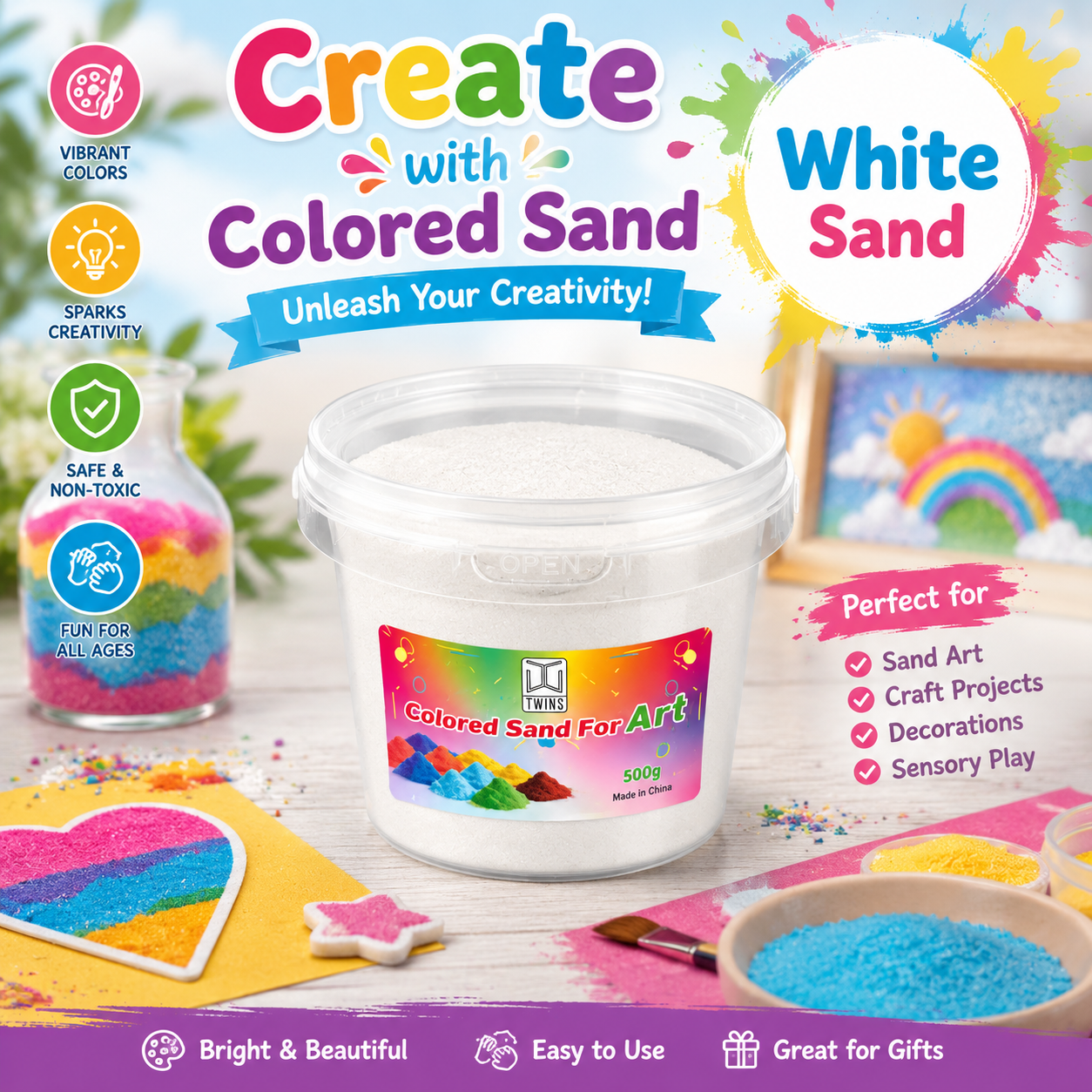 Twins Colored Sand 500g White || رمل ملون توينز 500 جرام ابيض