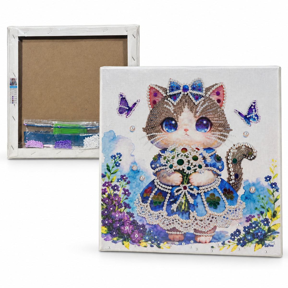 DIY Rhinestone Canvas Activity 30 x 30 cm - Kitten in Blue Dress || نشاط تزيين كانفاس بالأحجار اللامعة 30 × 30 سم - قطة بفستان أزرق