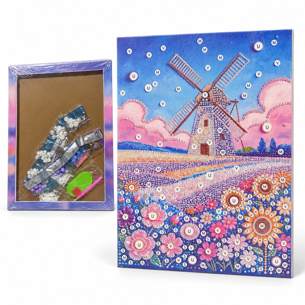 DIY Rhinestone Canvas Activity 30 x 40 cm - Windmill Flower Fields || نشاط تزيين كانفاس بالأحجار اللامعة 30 × 40 سم - طاحونة وحقول زهور