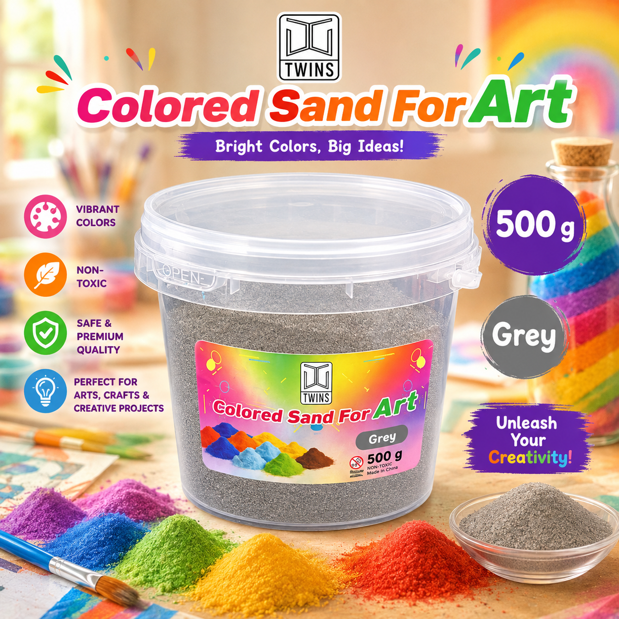 Twins Colored Sand 500g Grey || رمل ملون توينز 500 جرام رمادي